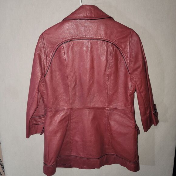 Oxblood Red Genuine Leather Jacket Long Women's Size M/L Button 3/4 Sleeve Chic - Picture 12 of 12